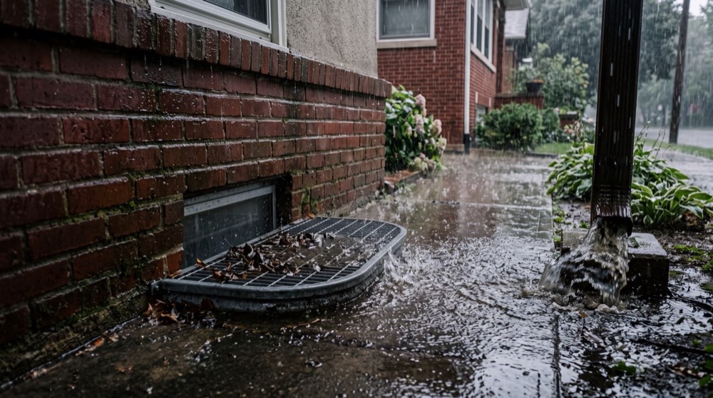 Rain at the foundation line of a brick Chicago bungalow